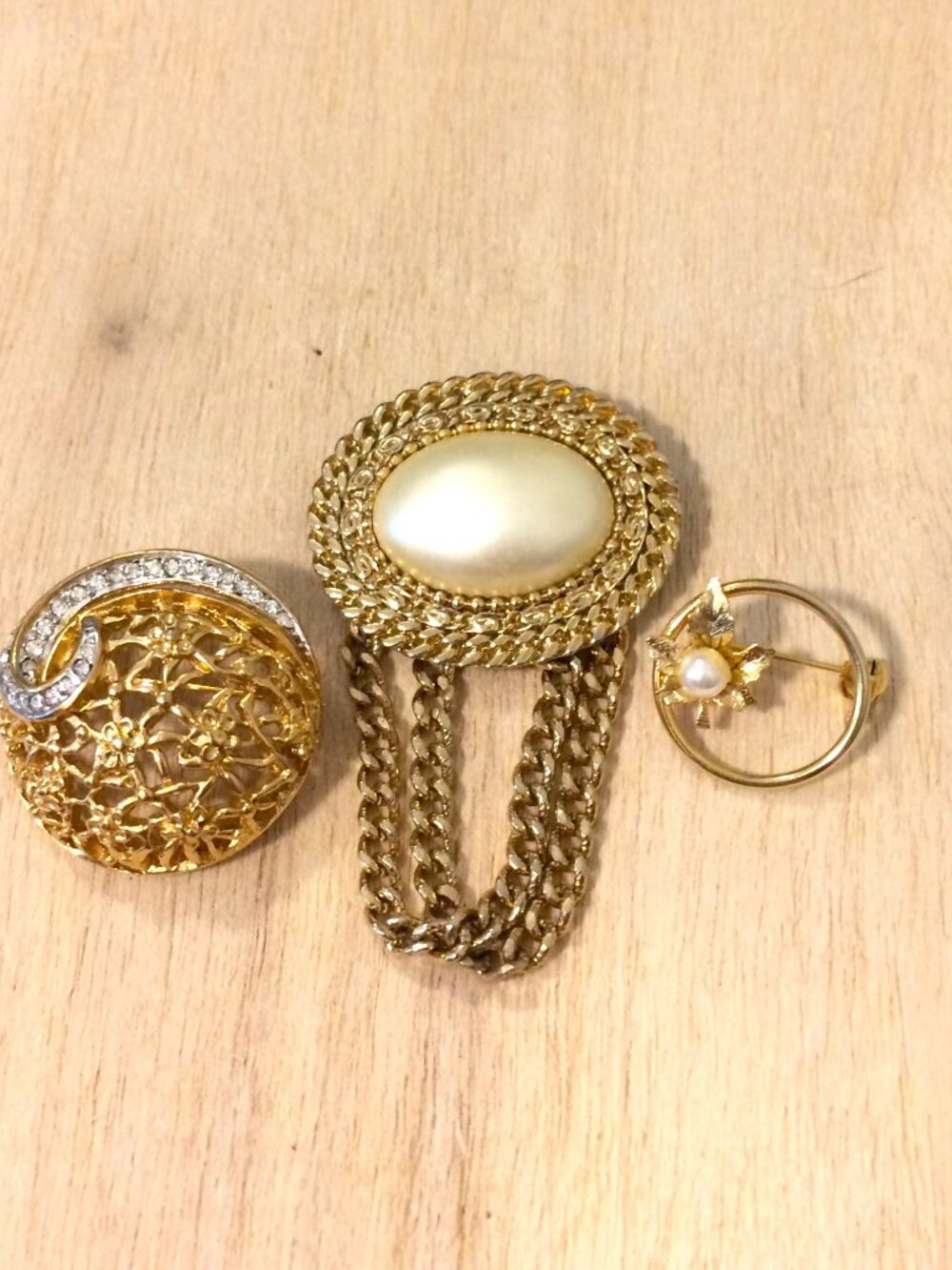Vintage Gold Tone Brooch Lot 3 Piece Set Pearl Rhinestone Filigree